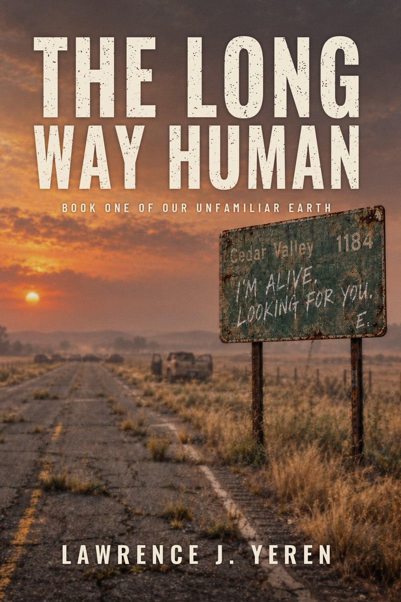The Long Way Human by Lawrence J. Yeren. A weathered roadside sign carries a handwritten message beneath a smoky sunset.